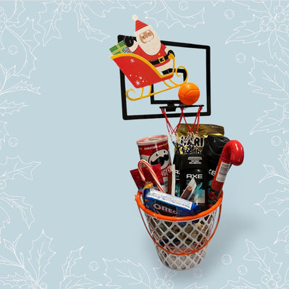 Basket ball basket with snacks and manly bath care products