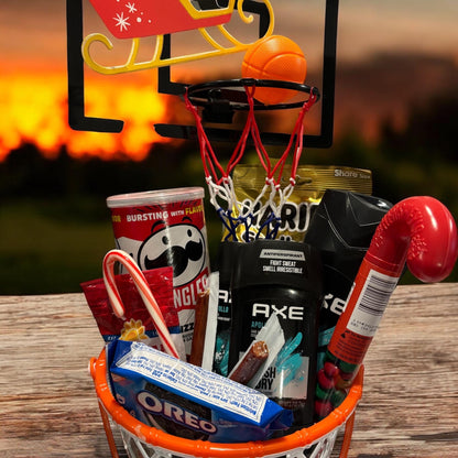 Basket ball basket with snacks and manly bath care products